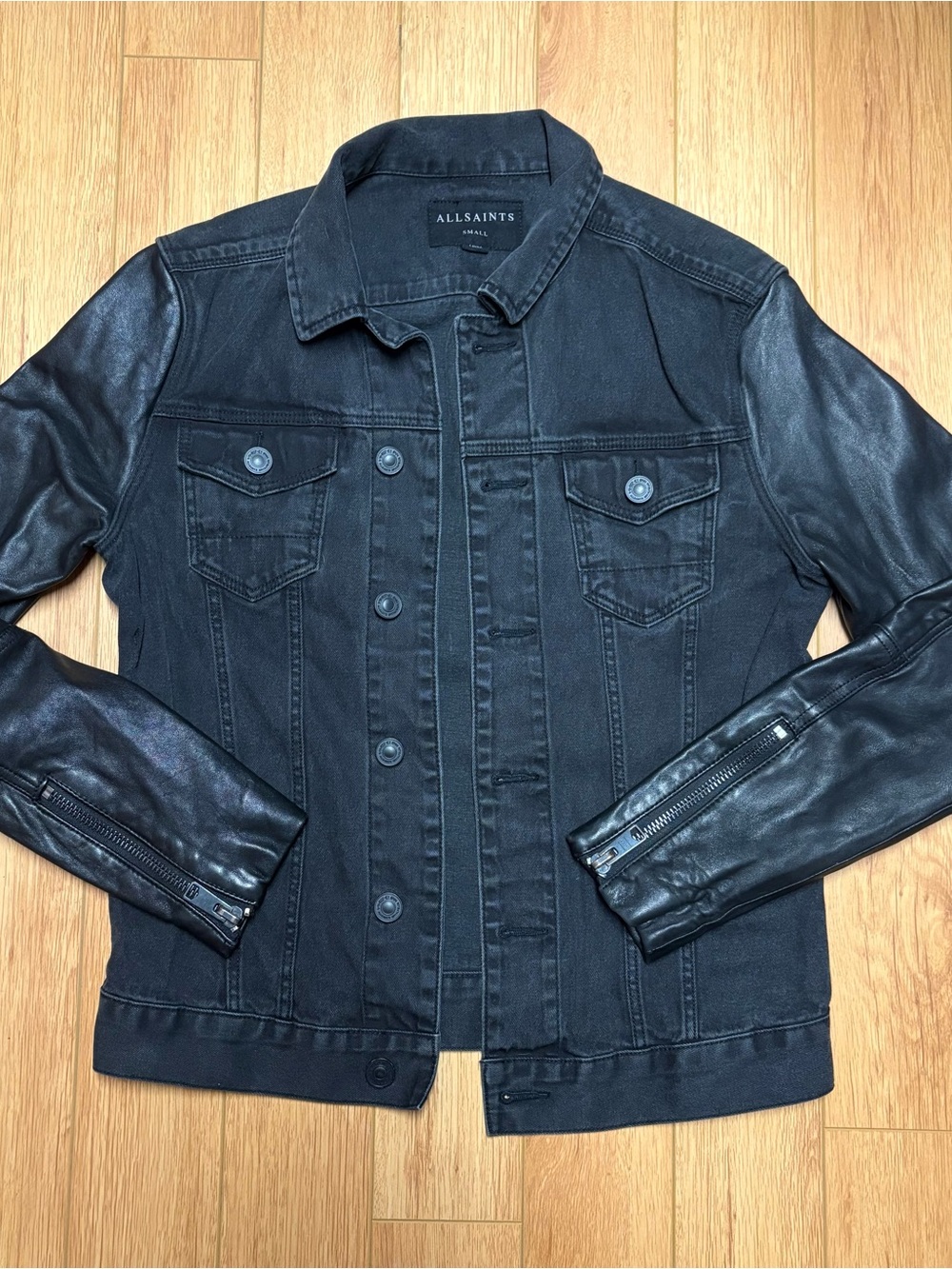 All Saints Black Denim Body Jacket with Leather Sleeves